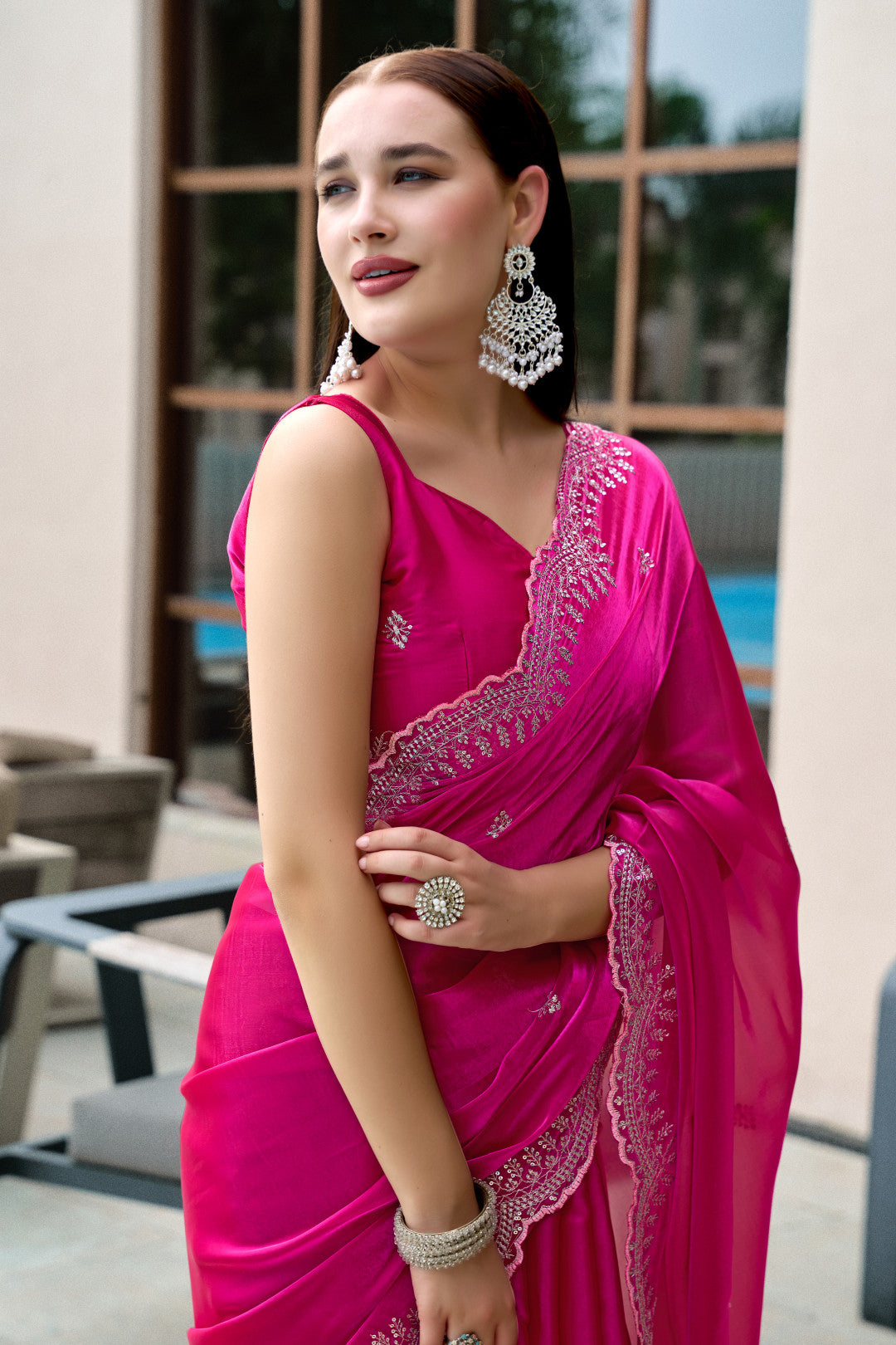 Pink Fancy Shimmer Chiffon Saree With Embroidery Work