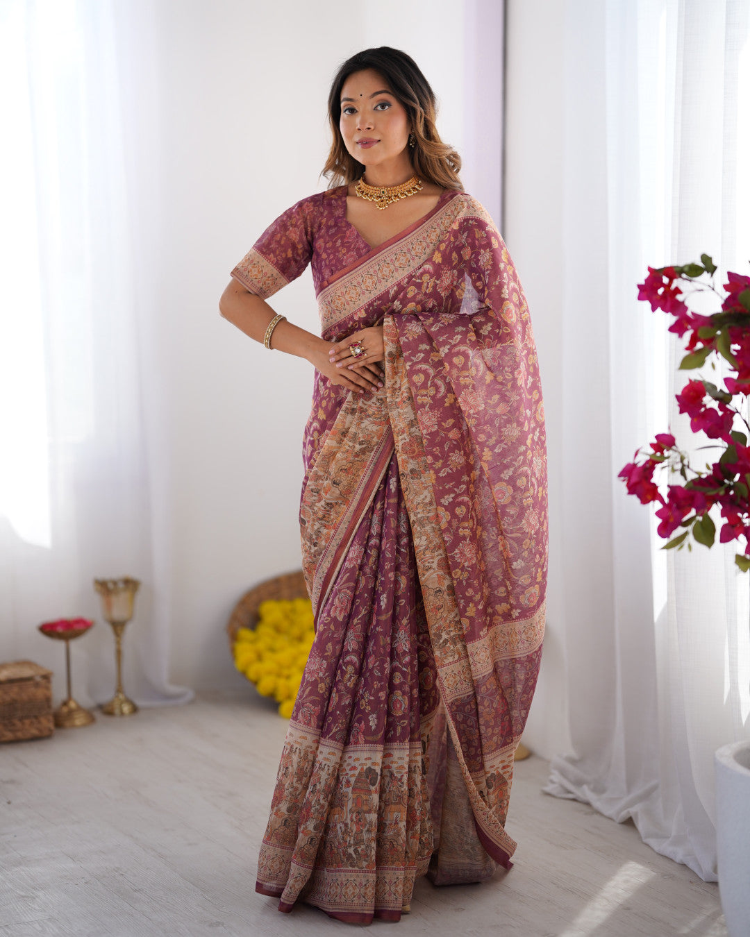 Multi Color Kalamkari Digital Printed Linen Cotton Saree