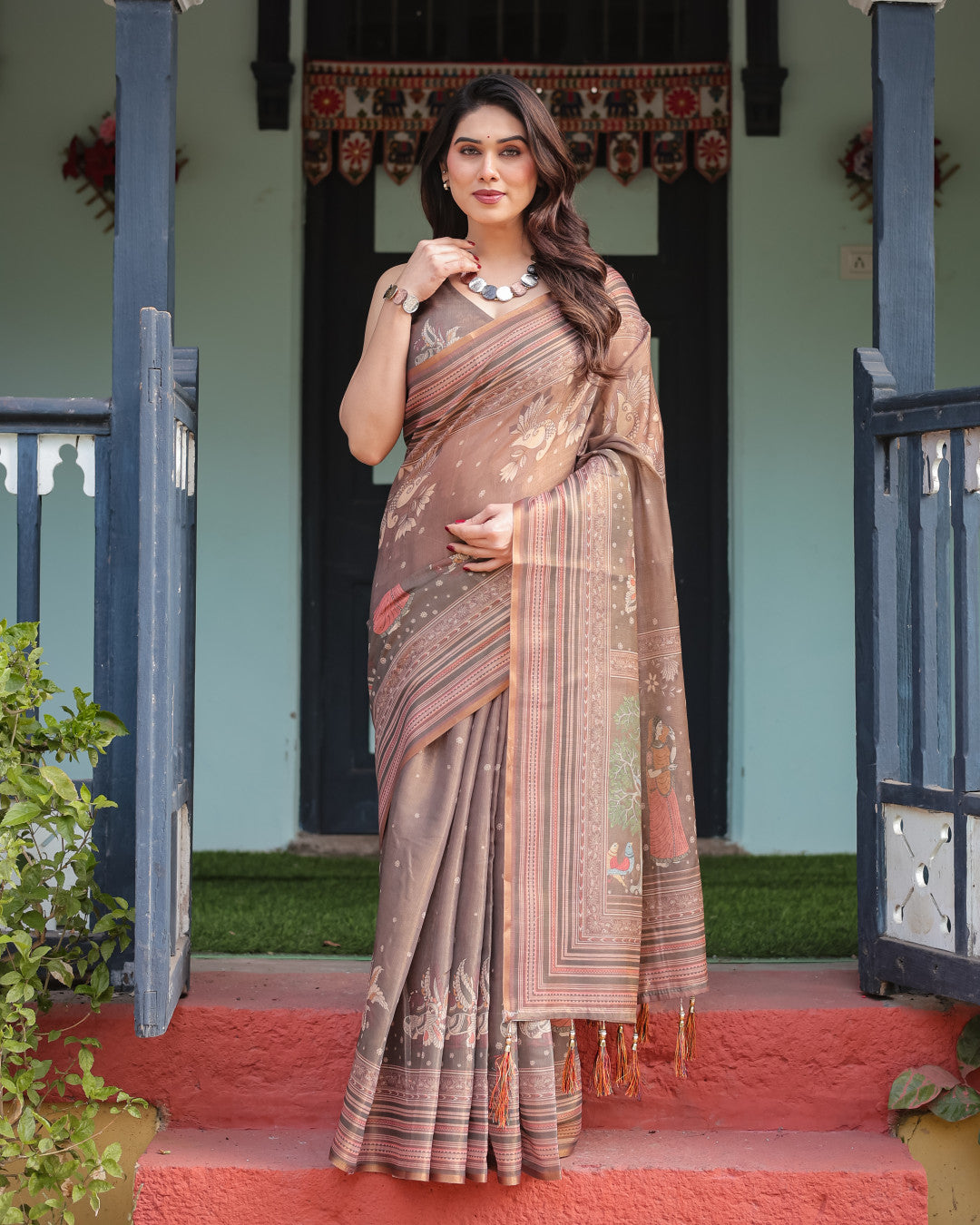 Kalamkari Digital Printed Linen Cotton Saree