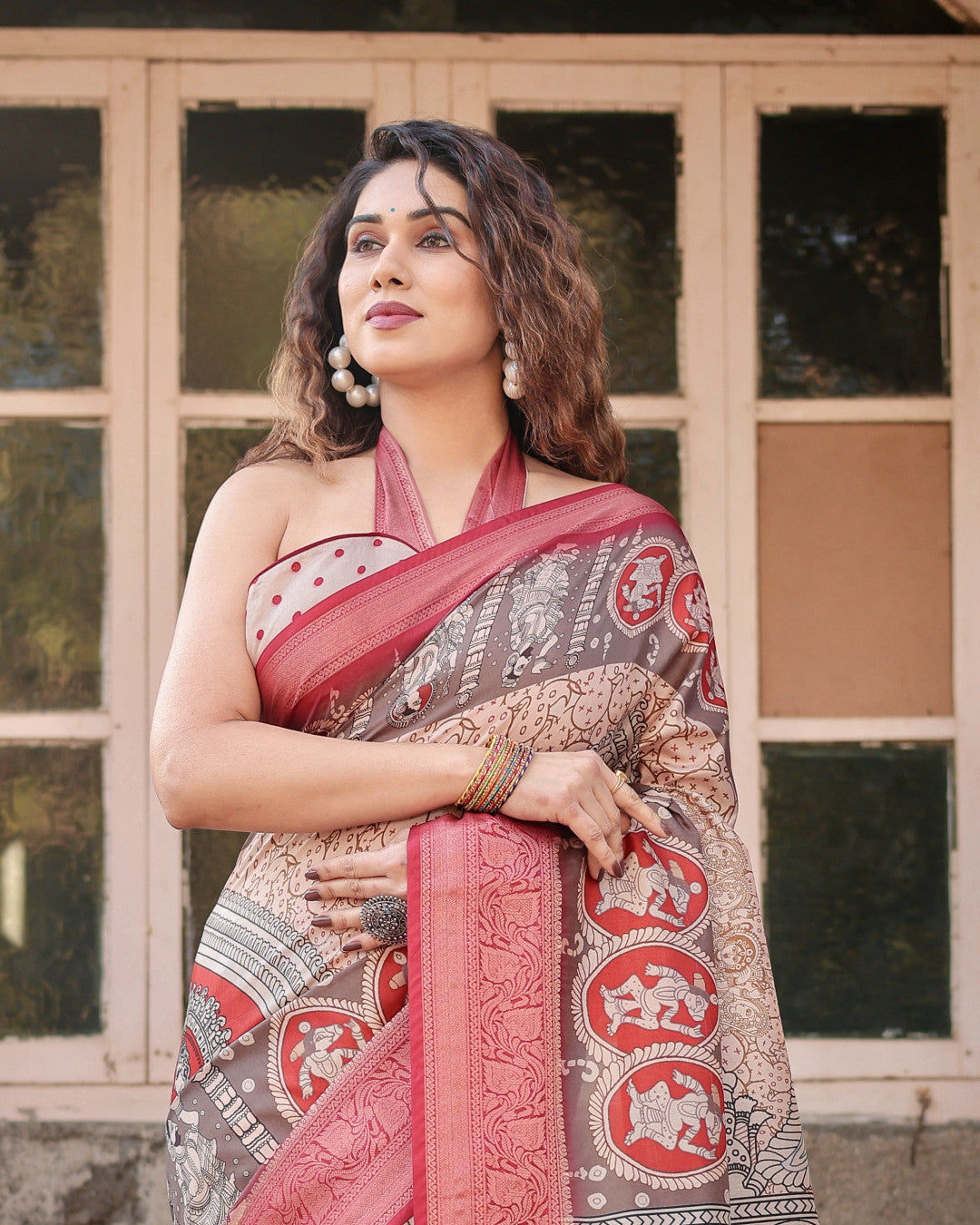 Multi Kalamkari Digital Printed Tussar Silk Saree With Zari Motif Border