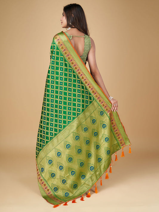 Green Color Patola Silk Saree With Zari Weaving Work