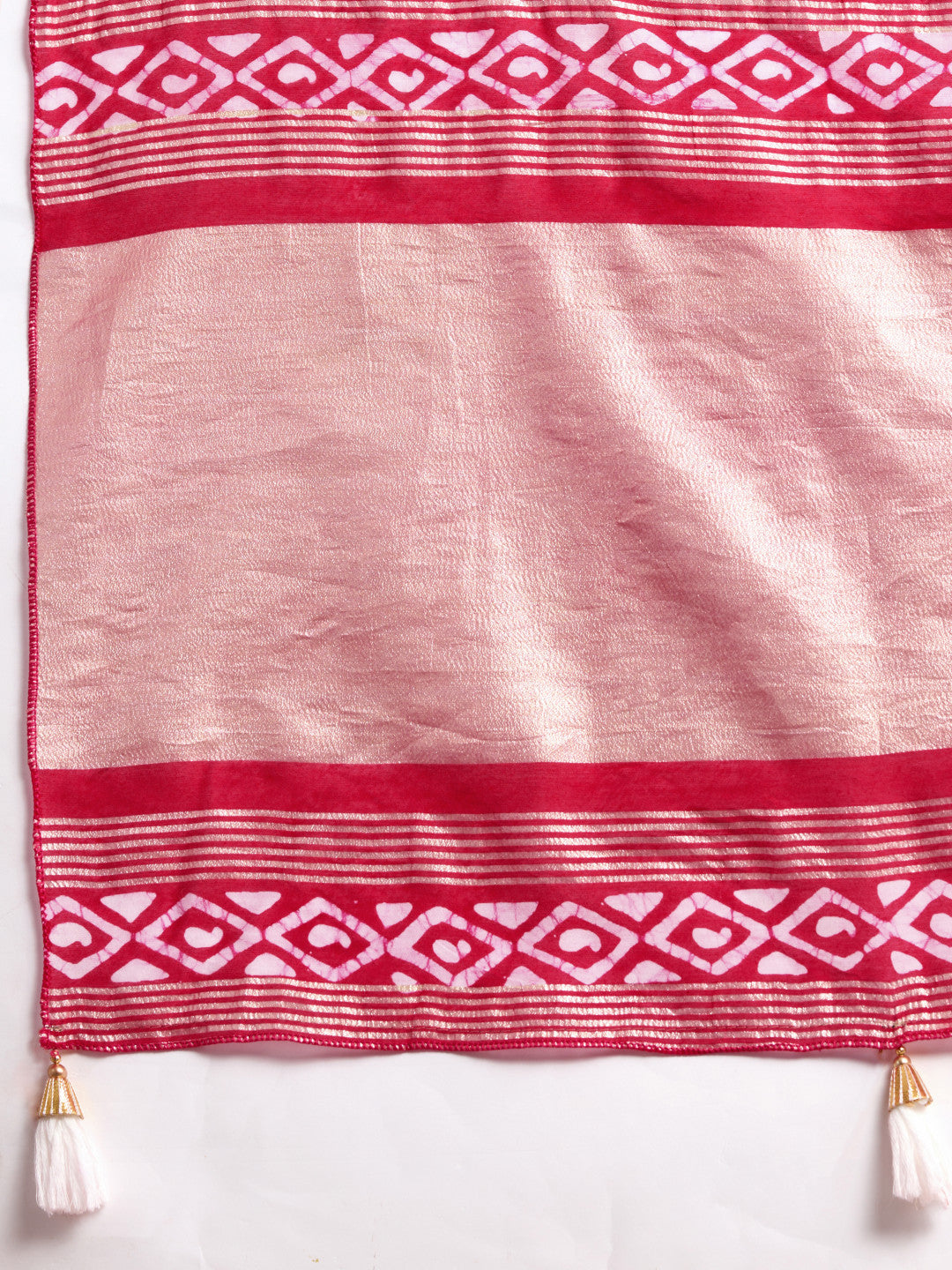 Rani Pink Batik Printed Soft Cotton Saree With Sequence Work