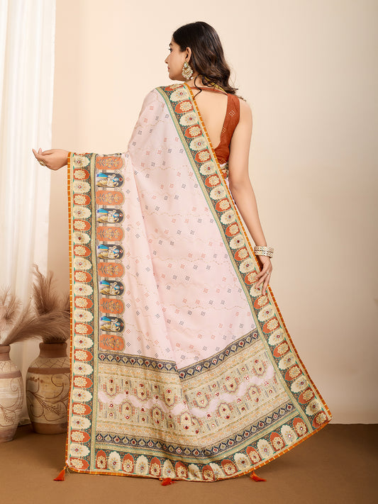 Peach Fancy Muslin Cotton Saree With Digital Printed Work