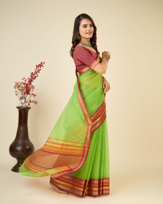 Parrot Green Color Doriya Cotton Saree With Woven Design