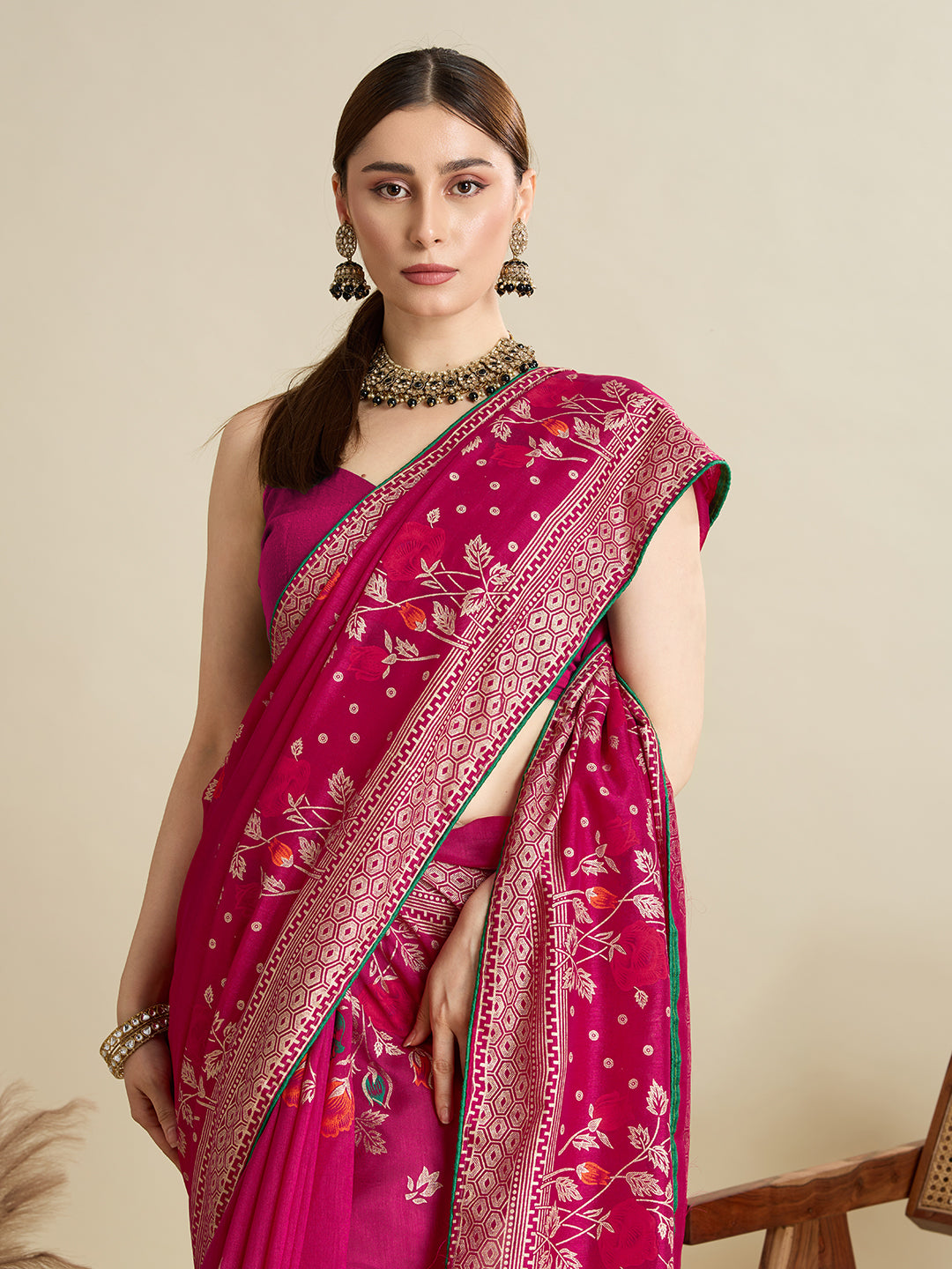 Pink Cotton Saree With Table Printed And Foil Work With Pipeing Border