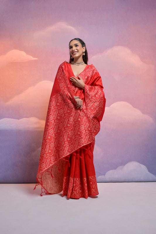 Red Color Handloom Raw Silk Saree With Contrast Weaving Work