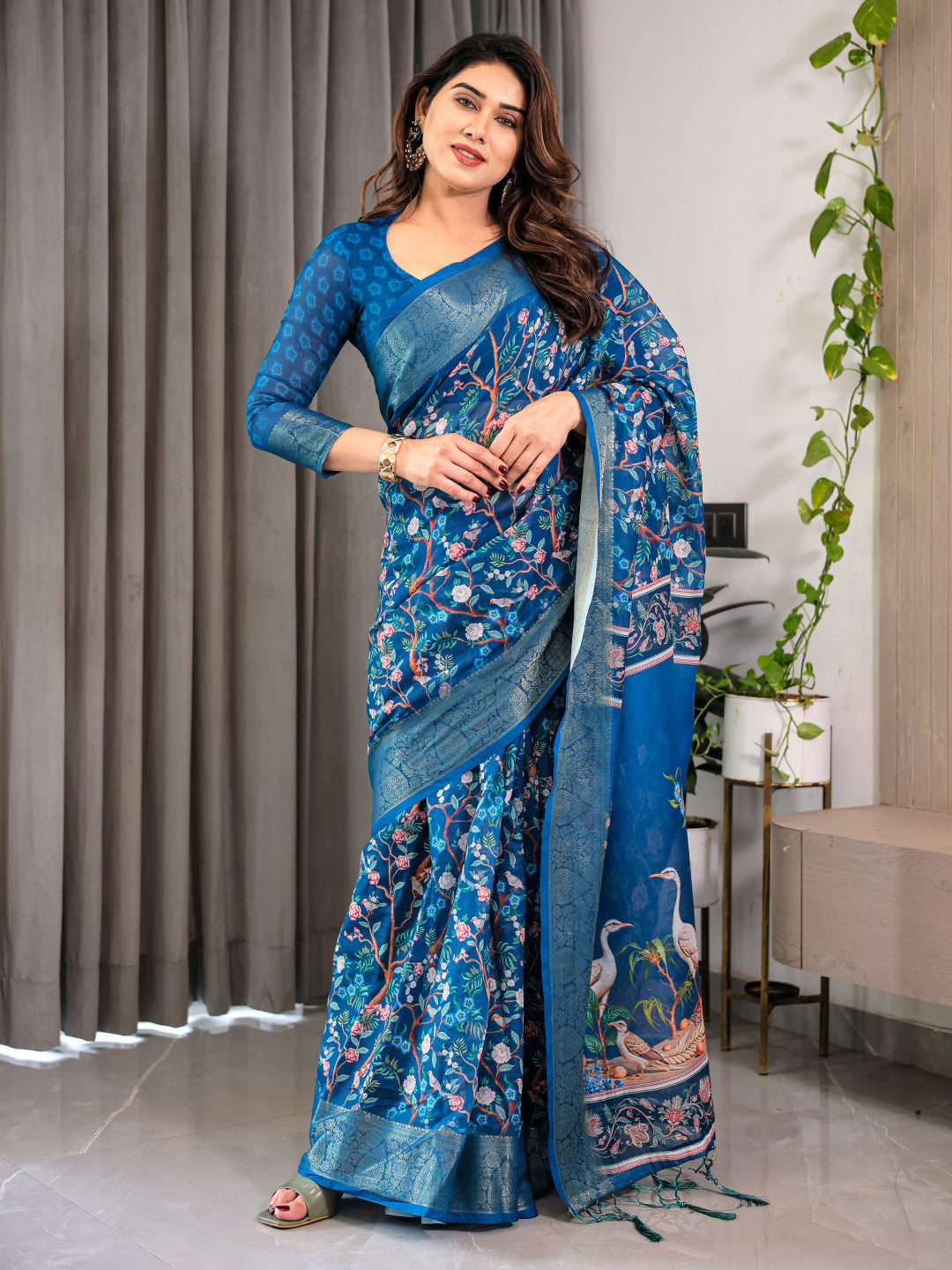 Blue Kalamkari Digital Printed Linen Cotton Saree
