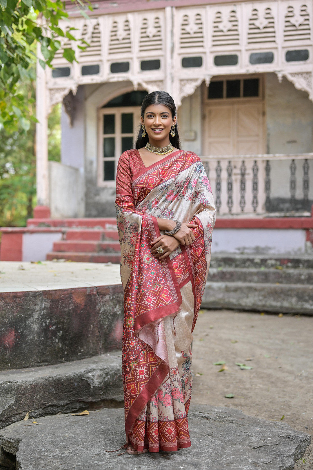 Brown Color Soft Tussar Silk Saree With Patola Printed Work