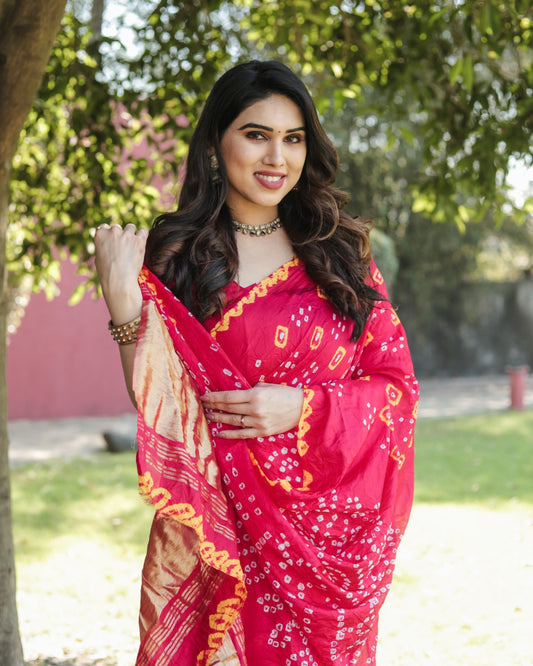 Pink Color Bandhej Silk Saree With Printed Work