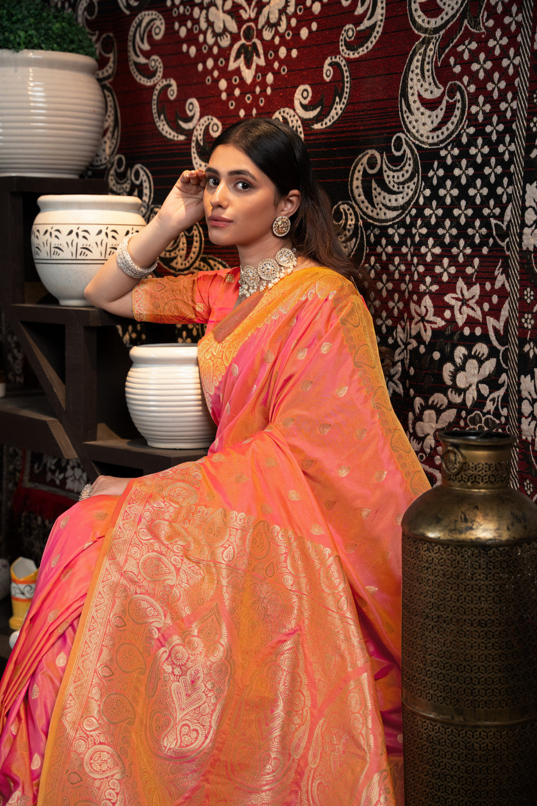 Peach Banarasi Silk Saree With Zari Woven Work