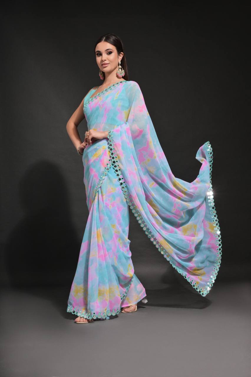 Sky Blue Fancy Chiffon Silk Saree With Prizam Printed Work And Foil Mirror Work Border