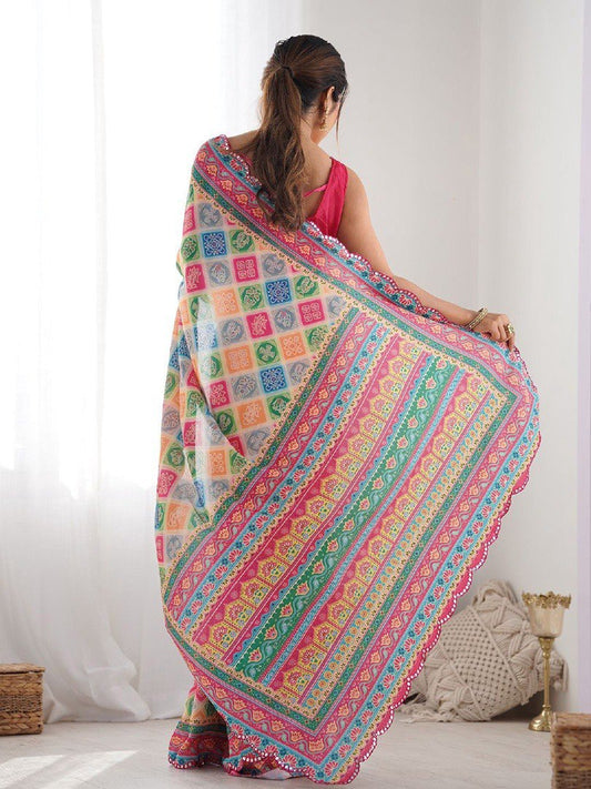 Multi Color Georgette Saree With Printed And Mirror Work With Arco Border