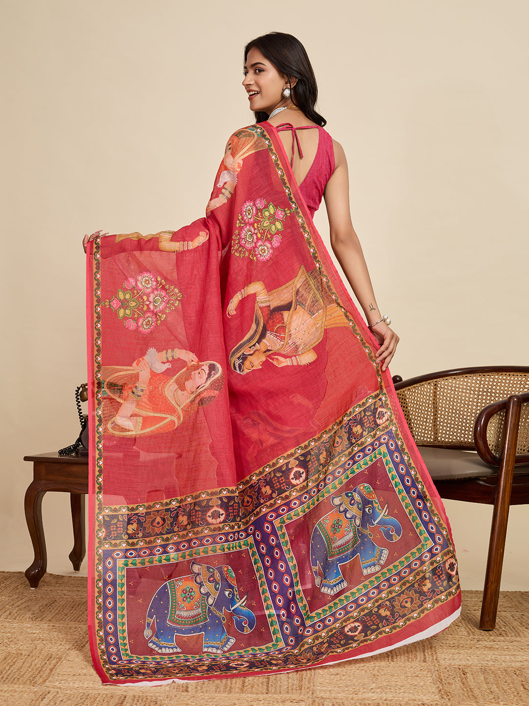 Red Linen Cotton Saree With Digital Printed Work And Silver Zari Border