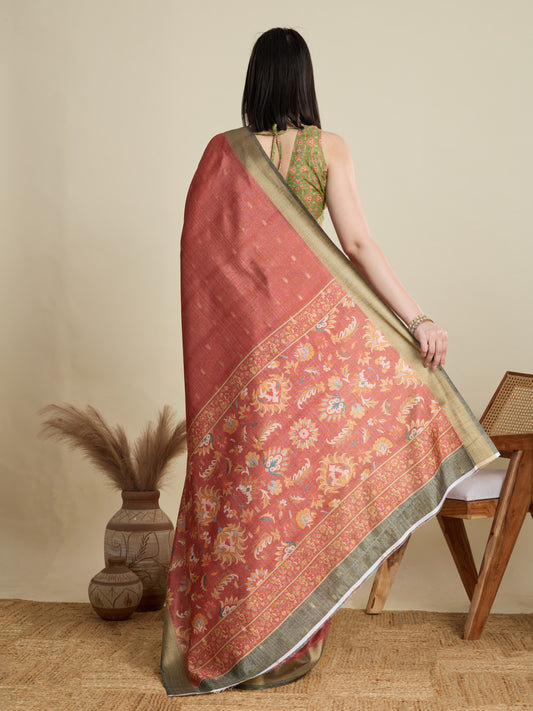 Red Soft Cotton Saree With Kalamkari Printed Pallu & Zari Border