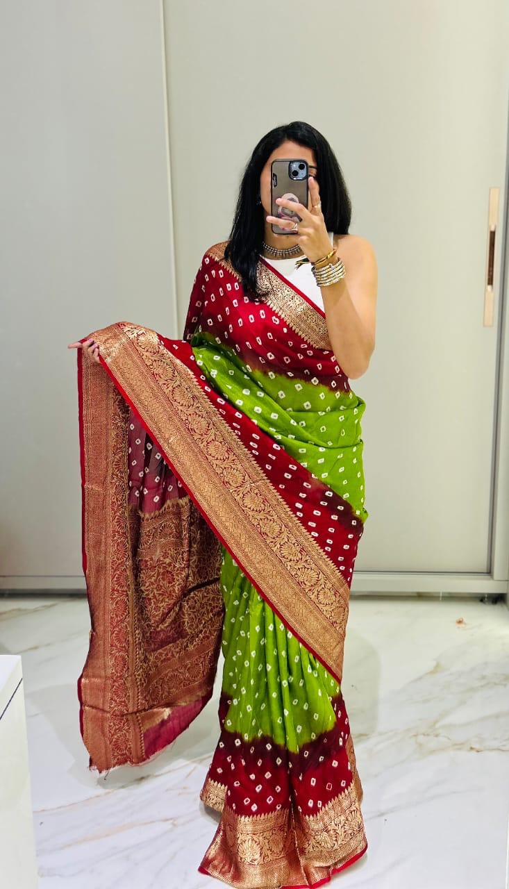 Hand Bandhej Bandhani Saree With Zari Border
