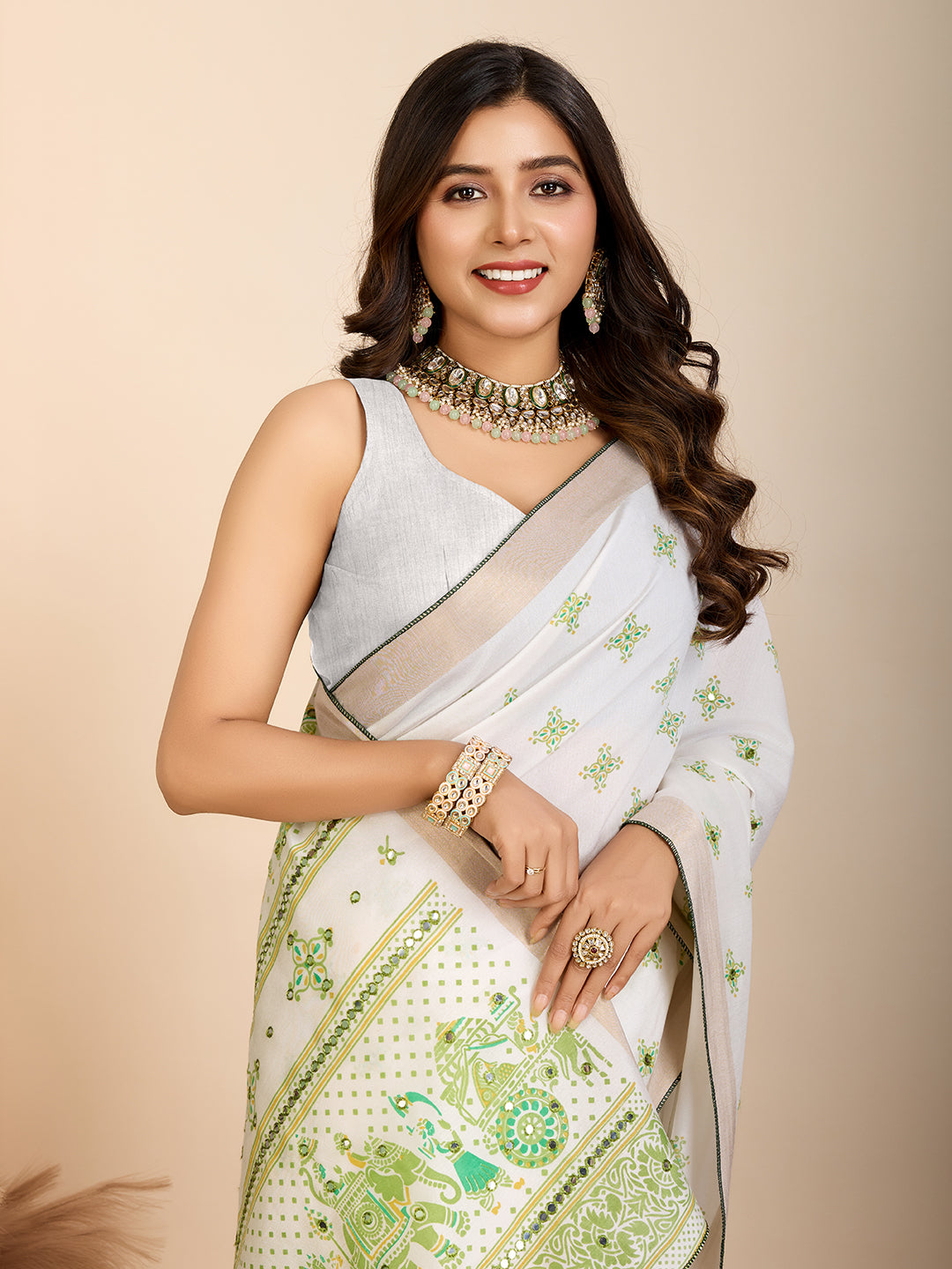 White Soft Cotton Saree With Printed Work