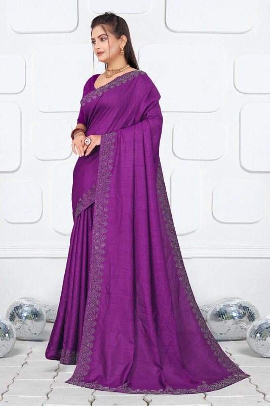Purple Dola Silk Saree With Siroski Work Border