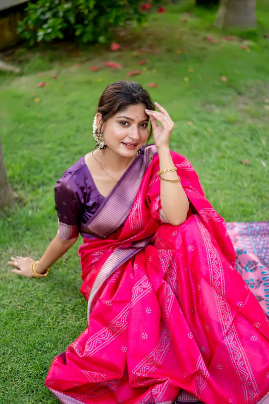 Pink Color Tussar Silk Saree With Digital Printed Work