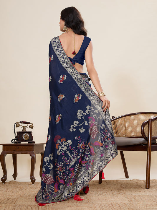 Navy Blue Cotton Saree With Table Printed And Foil Work With Pipeing Border