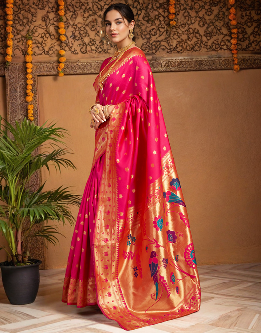 Traditional Pink Paithani Silk Saree With Zari Weaving Work