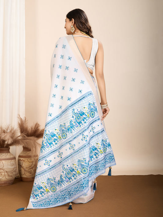 White Soft Cotton Saree With Printed Work