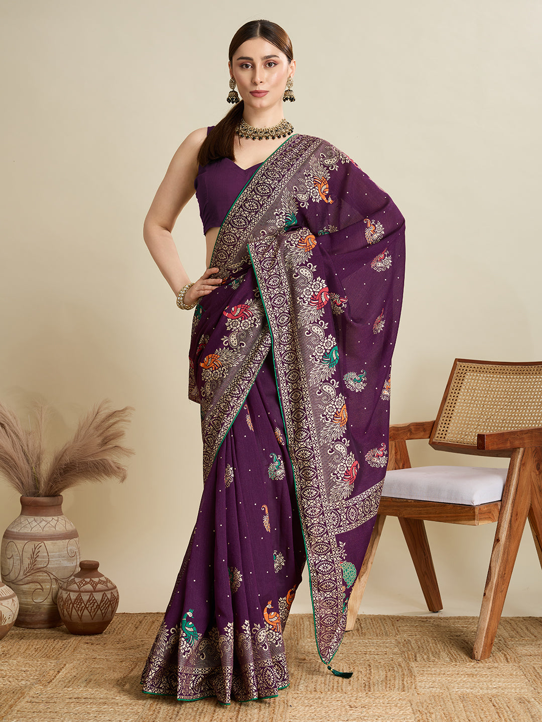 Wine Cotton Saree With Table Printed And Foil Work With Pipeing Border