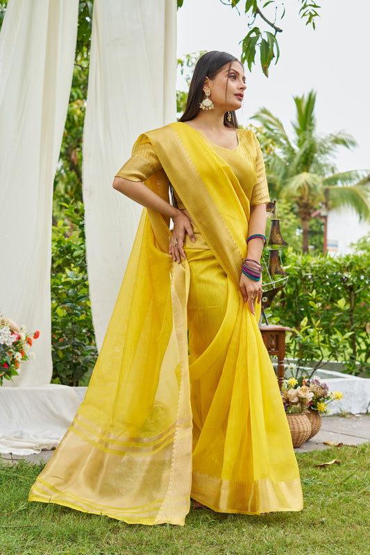 Yellow Color Linen Cotton Saree With Zari Weaving Border