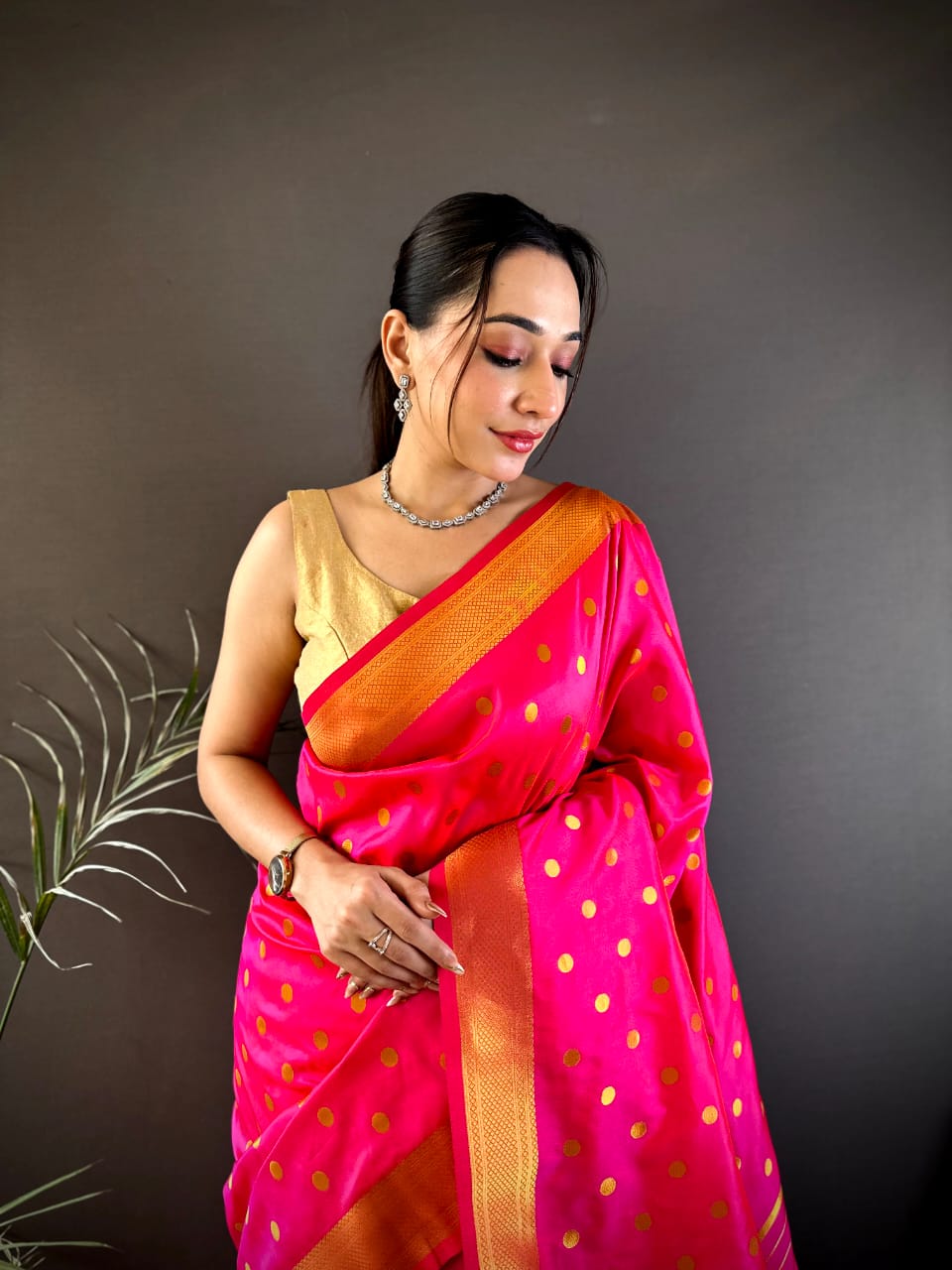 Pink Traditional Paithani Silk Saree With Zari Weaving Work