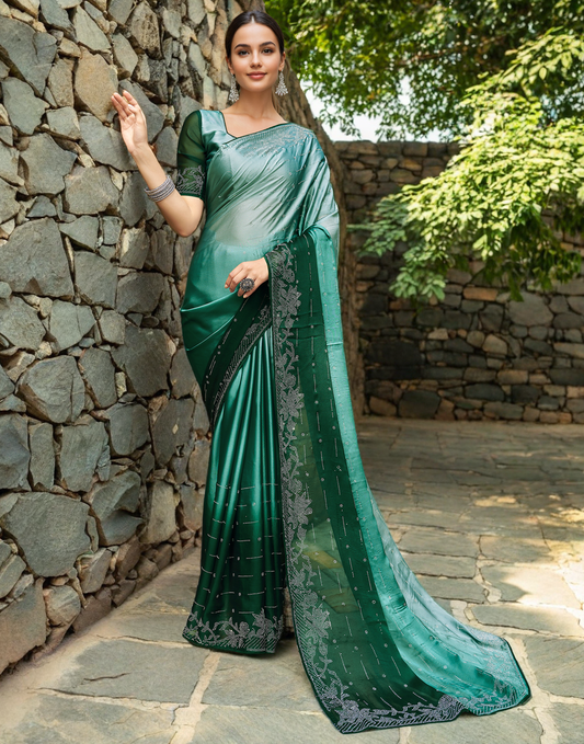 Green Rangoli Silk Saree With Beautiful Siroski Work