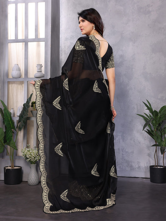 Black Fancy Shimmer Chiffon Saree With Embroidery Work