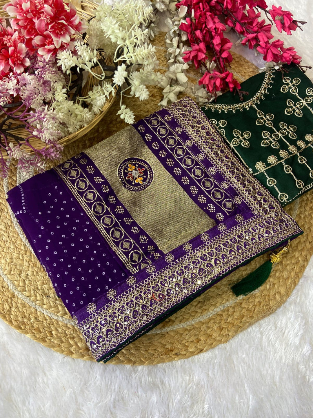 Purple Vichitra Silk Saree With Khadi Bandhej Heavy Pallu With Hotpcs C Pallu Work