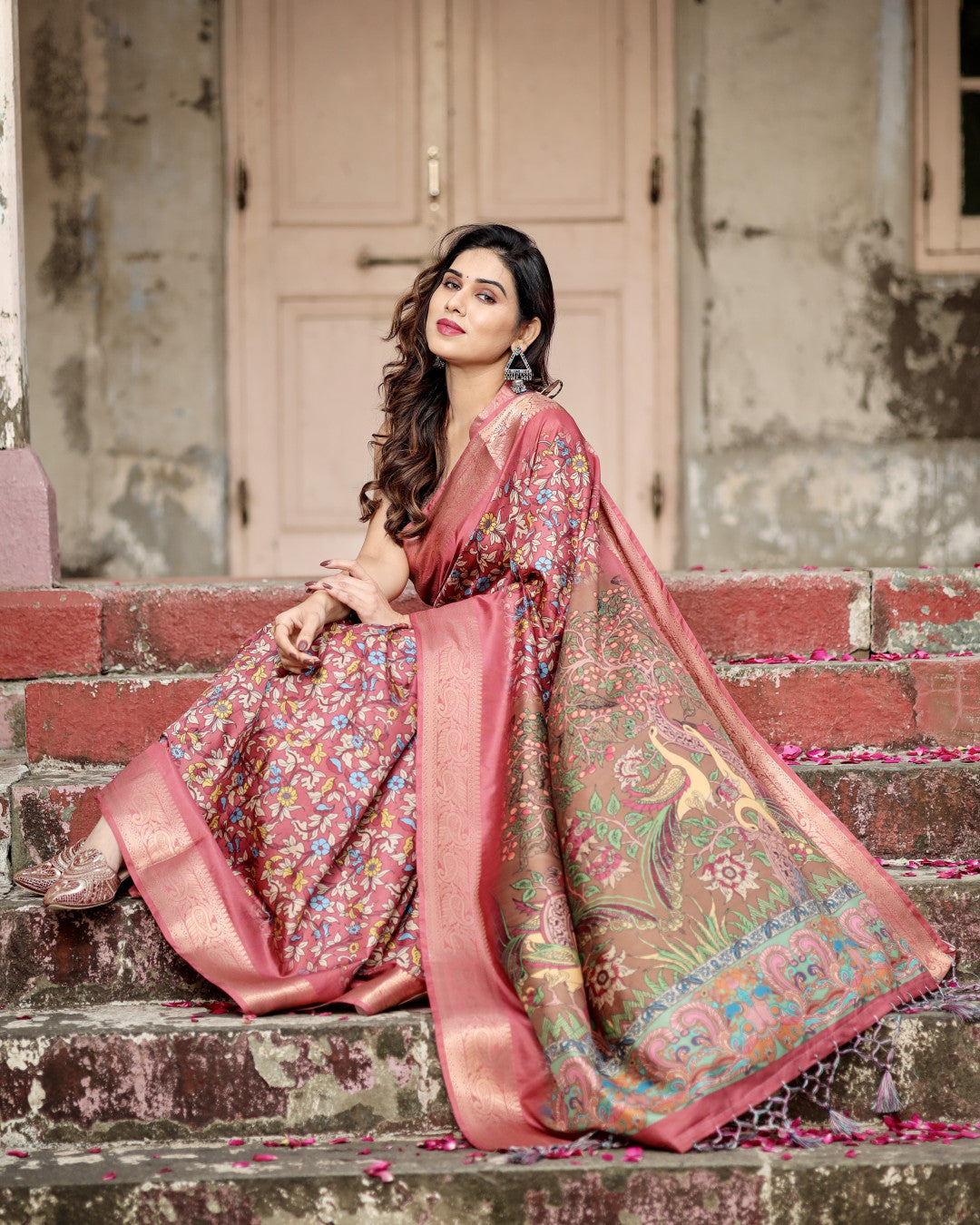 Multi Kalamkari Digital Printed Dola Silk Saree With Gold Zari Border