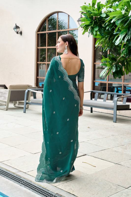 Dark Green Fancy Shimmer Chiffon Saree With Embroidery Work