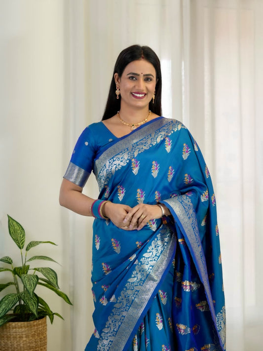 Blue Pure Soft Banarasi Saree With Meenakari Weaving Work