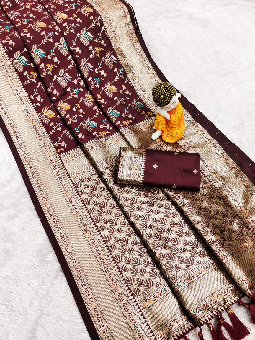 Maroon Premium Banarasi Silk Saree With Meenakari Zari Weaving Work