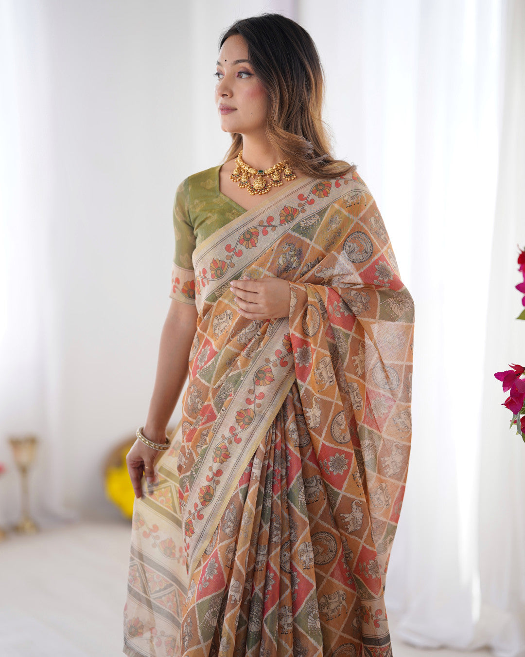 Multi Color Kalamkari Digital Printed Linen Cotton Saree