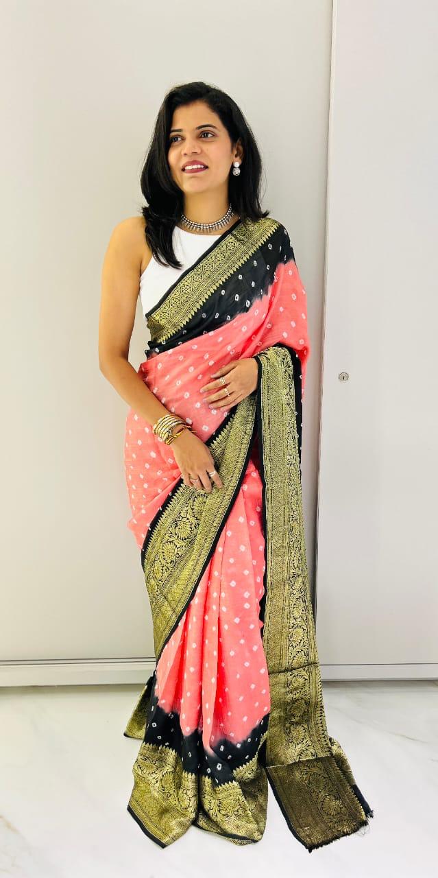 Hand Bandhej Bandhani Saree With Zari Border