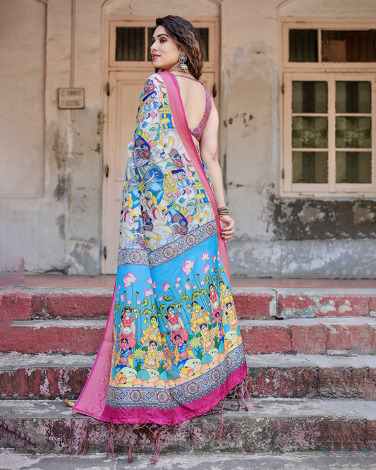 Multi Fancy Kalamkari Digital Printed Tussar Silk Saree