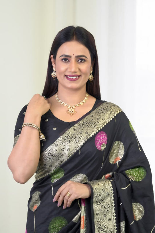 Black Khaddi Georgette Banarasi Saree With Meenakari Weaving Work