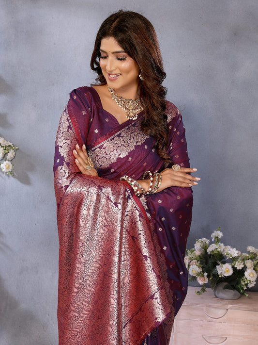 Wine Traditional Banarasi Silk Saree With Zari Weaving Work