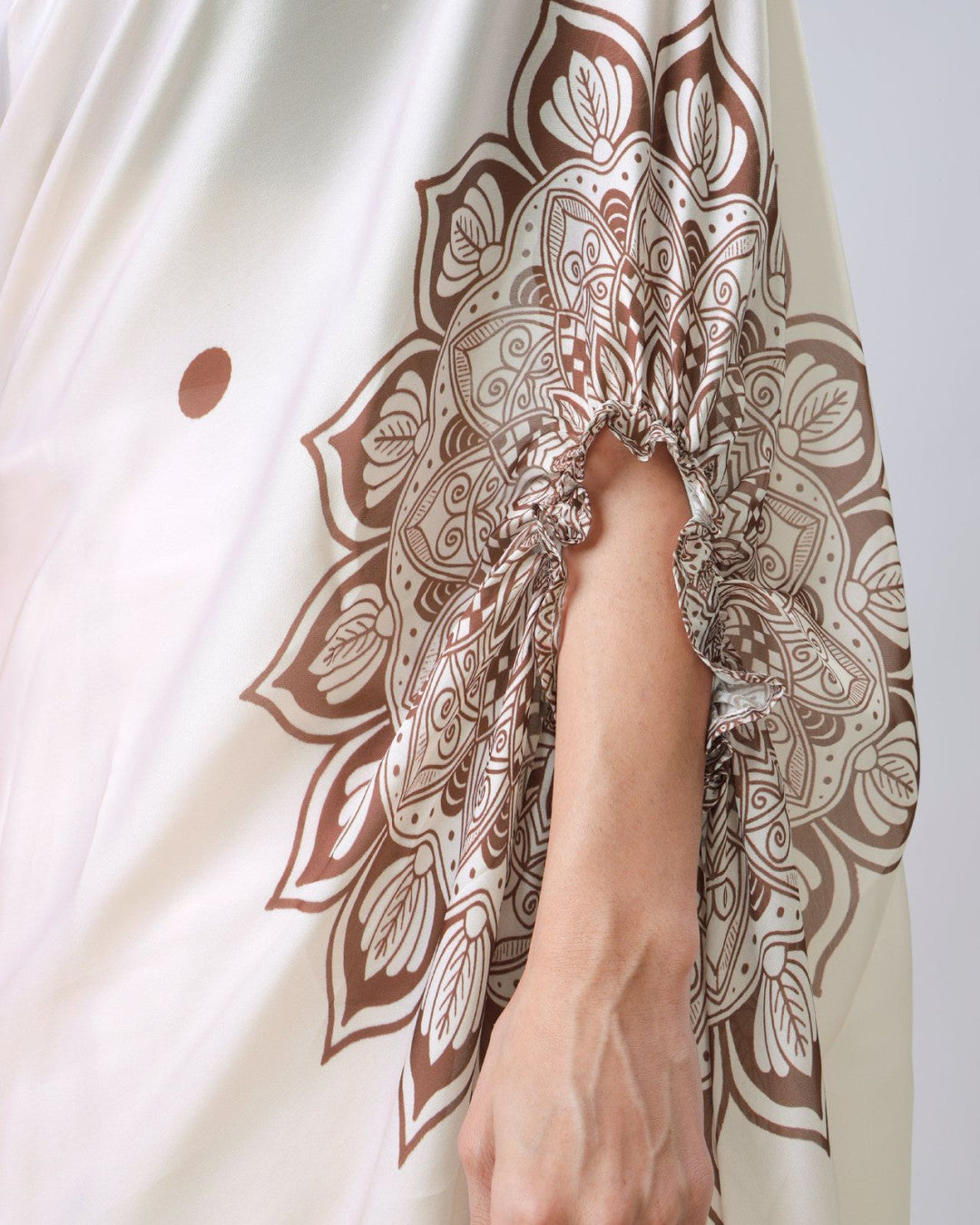Cream Fancy Satin Georgette Ready To Wear Saree With Freehand Printed Work