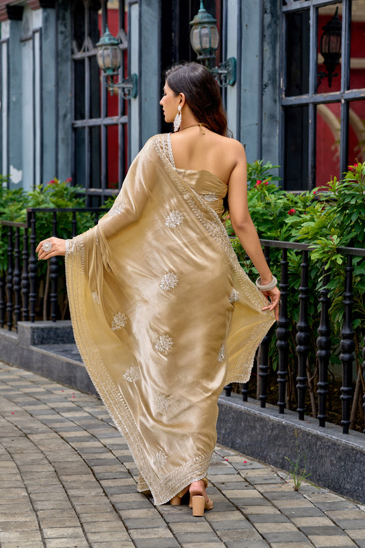 Cream Fancy Shimmer Chiffon Saree With Embroidery Work