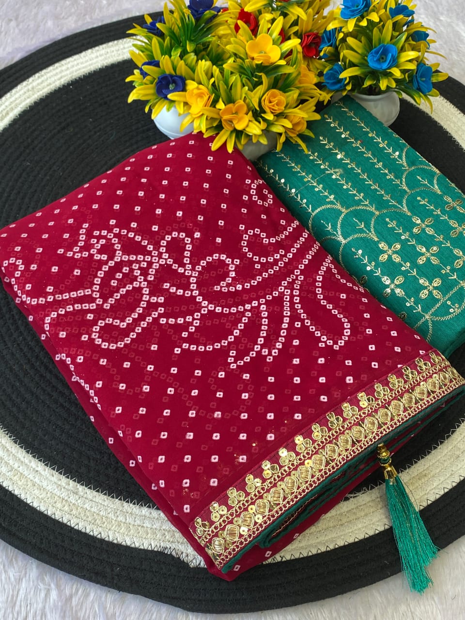 Pink Color Georgette Bandhani Saree With Foil Print Work