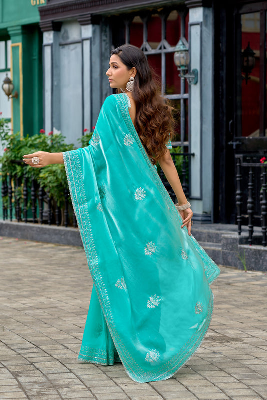 Sky Blue Fancy Shimmer Chiffon Saree With Embroidery Work