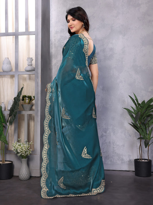 Rama Green Fancy Shimmer Chiffon Saree With Embroidery Work