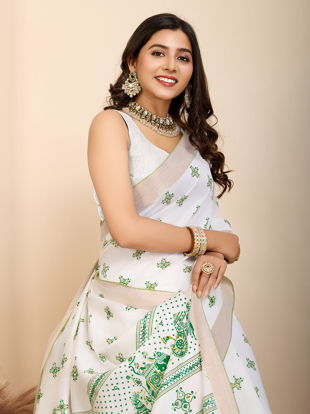 White Soft Cotton Saree With Printed Work