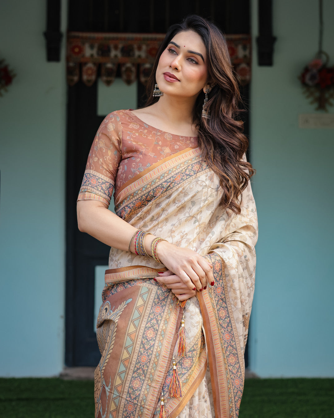 Kalamkari Digital Printed Linen Cotton Saree