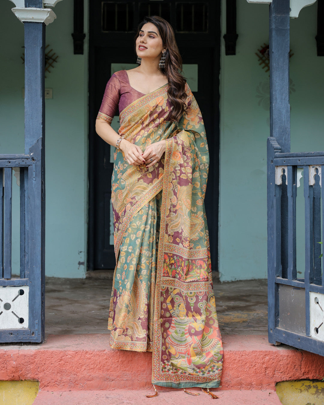 Multi Kalamkari Digital Printed Linen Cotton Saree