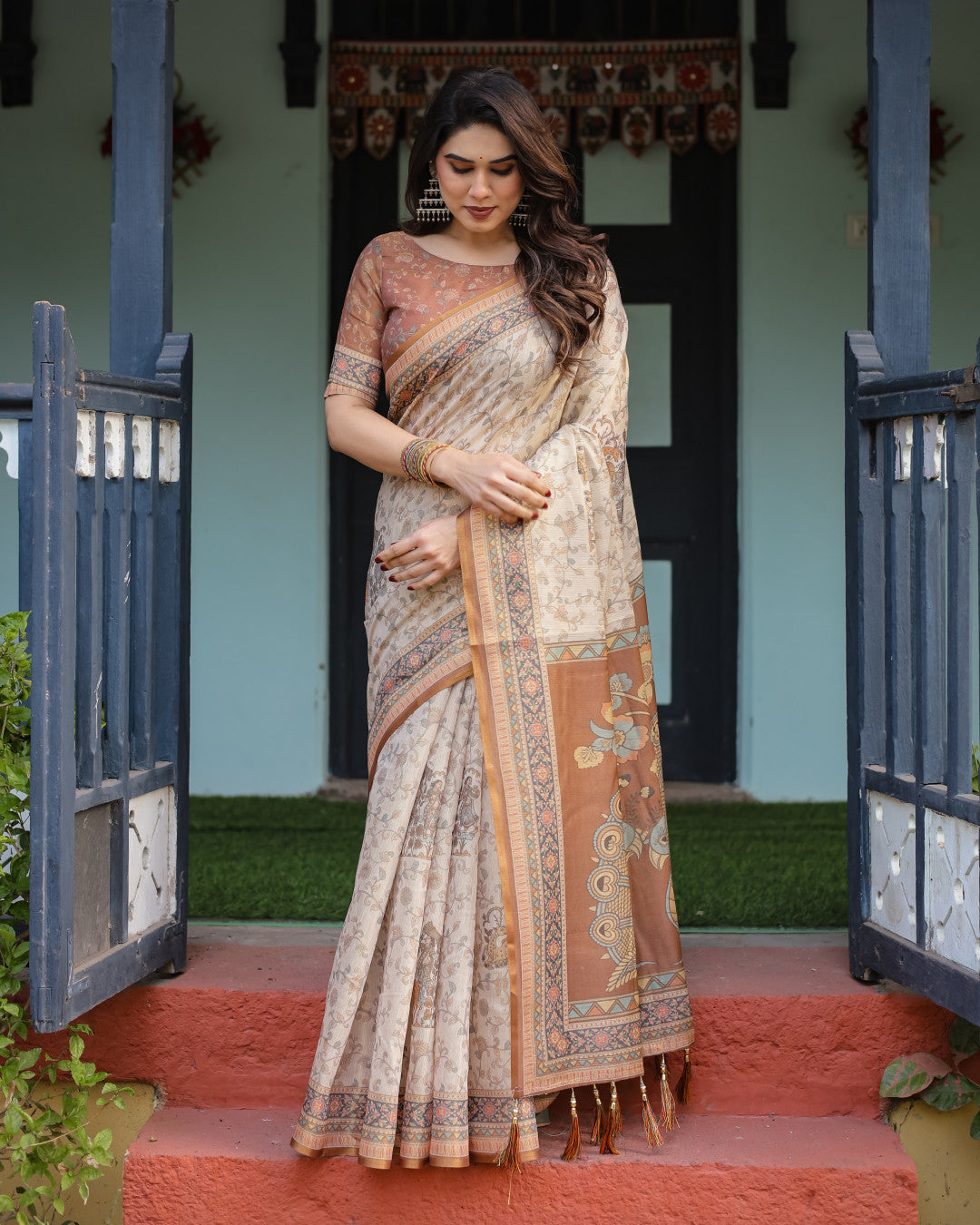 Kalamkari Digital Printed Linen Cotton Saree