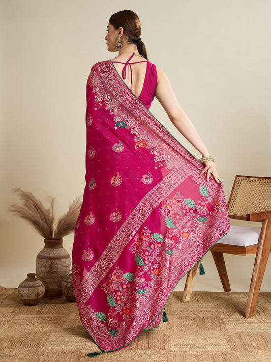Pink Cotton Saree With Table Printed And Foil Work With Pipeing Border